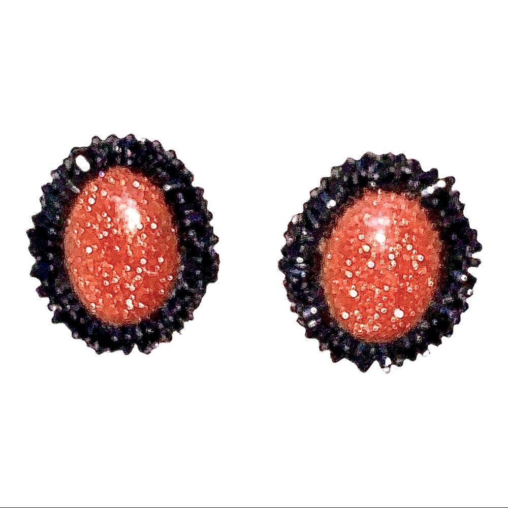 Hand beaded goldstone black glass bugle bead earrings pierced artist made